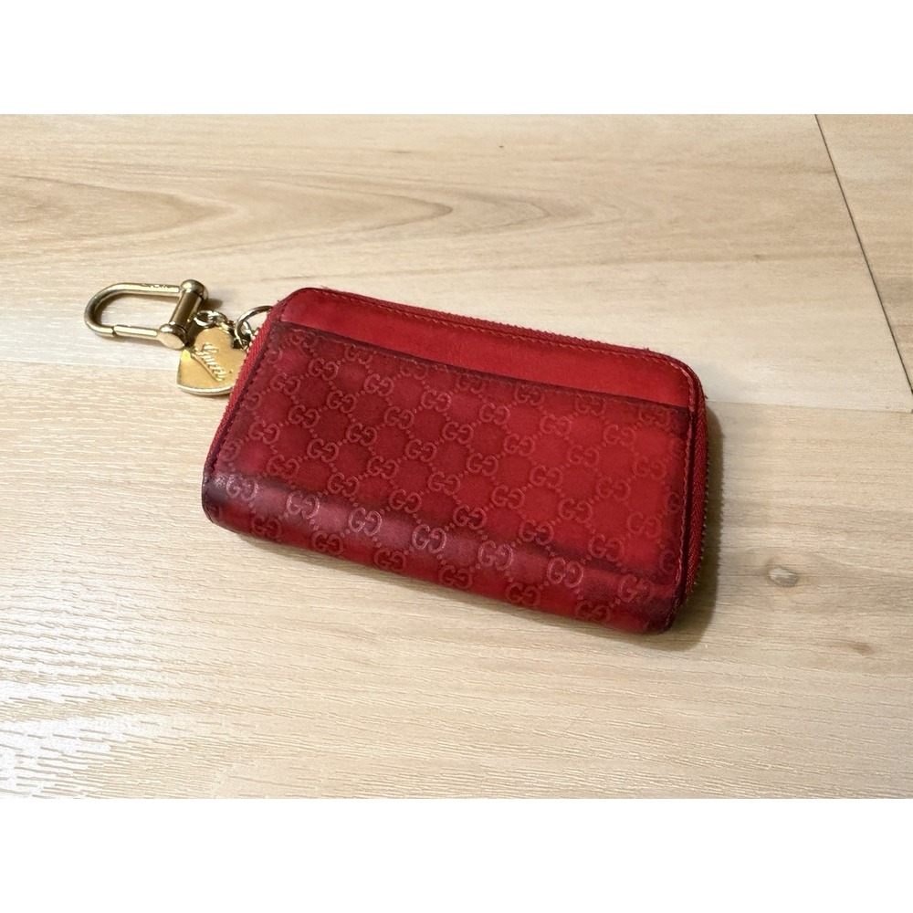 GUCCI Micro Guccissima Red Leather Wallet Gold Heart Charm Keychain With COA